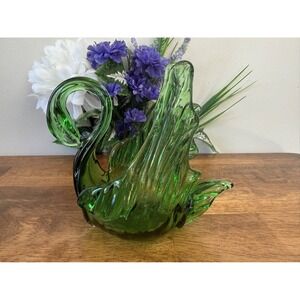 Vintage Hand-Blown Green Glass‎ Swan Dish – Art Glass Figurine Centerpiece Retro